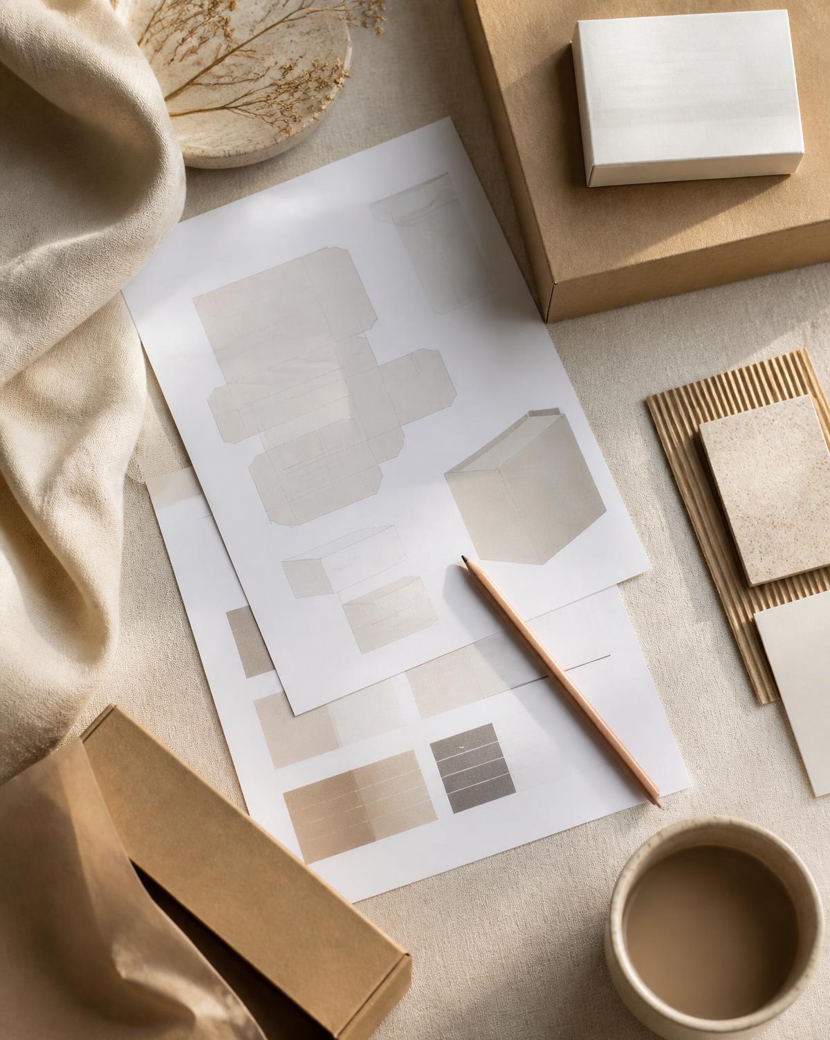 Packaging drawings, material swatches and samples laid out for a cost review