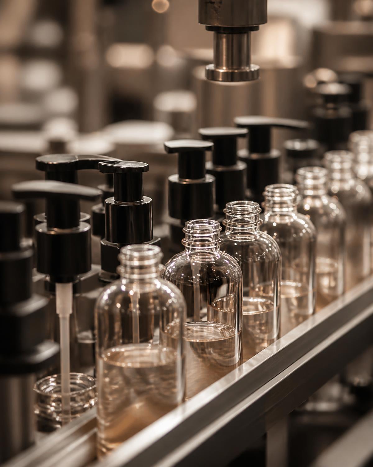 Cosmetic bottles and pump components moving along a production line