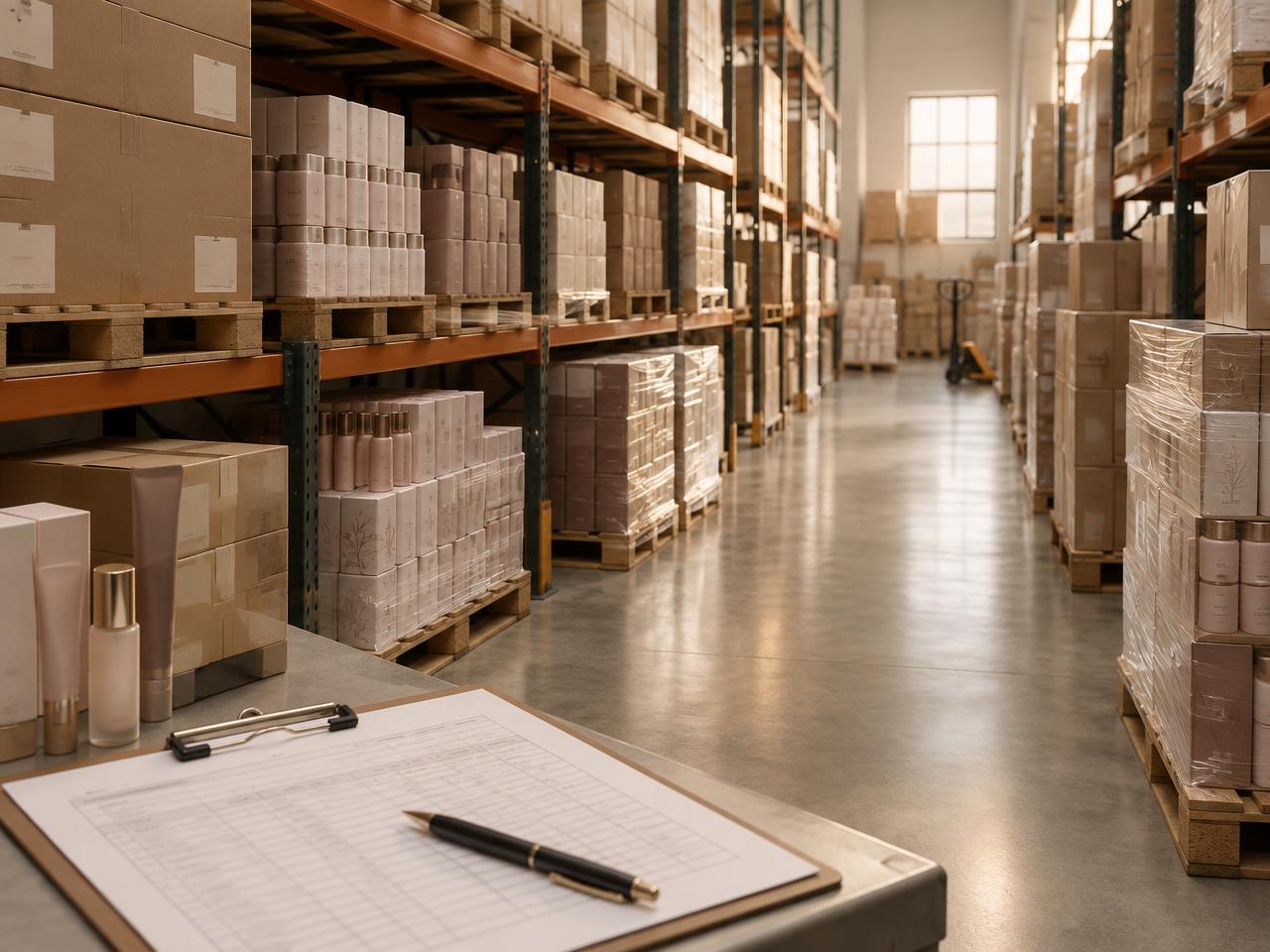 Warehouse aisle of beauty packaging stock with a purchase order clipboard