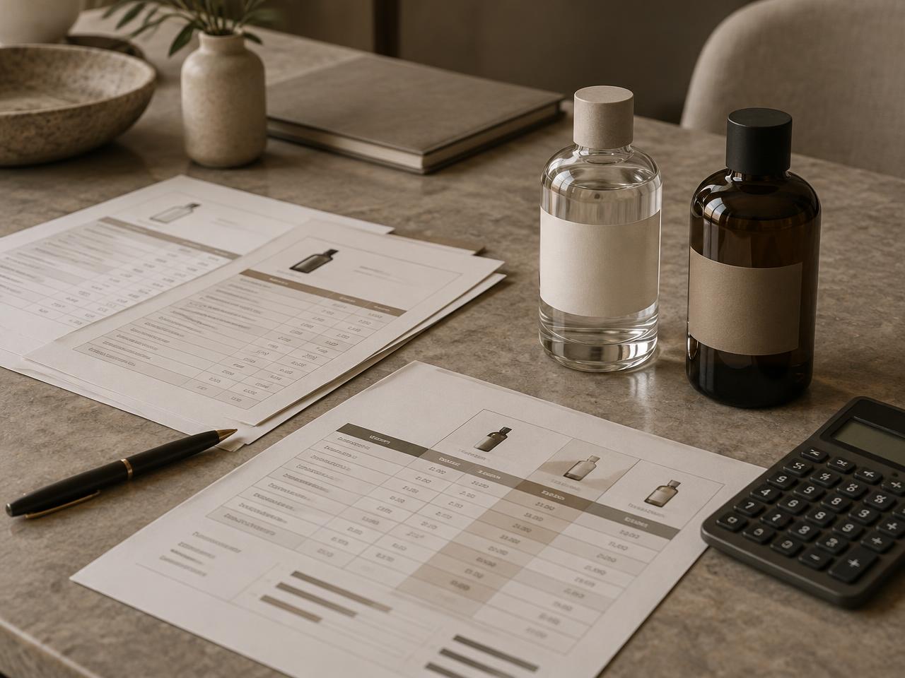 Supplier quotations and cost comparison sheets beside two competing bottle samples