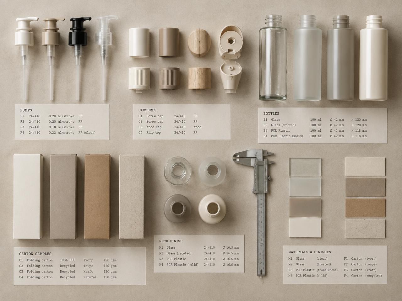 Pumps, closures, bottles and carton samples laid out with specification labels for comparison