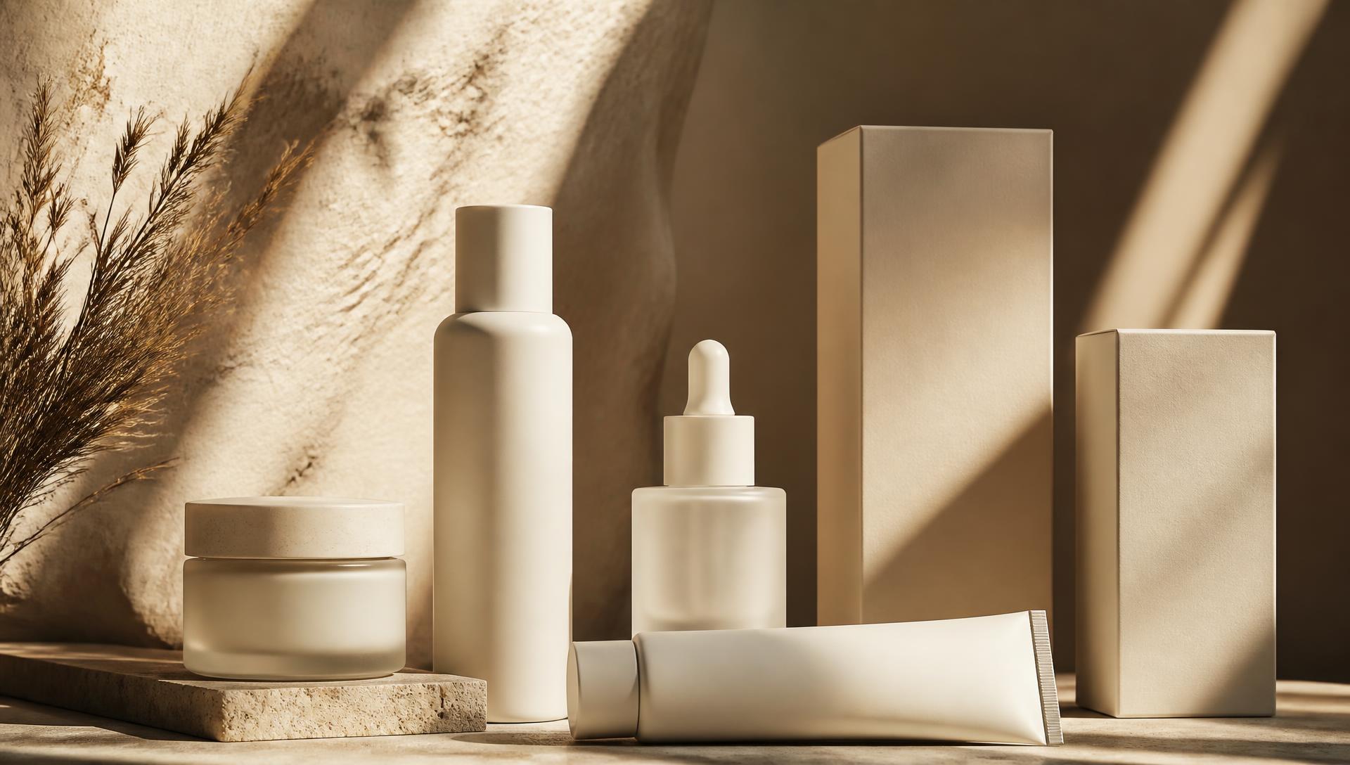 Premium beauty packaging in warm, muted light