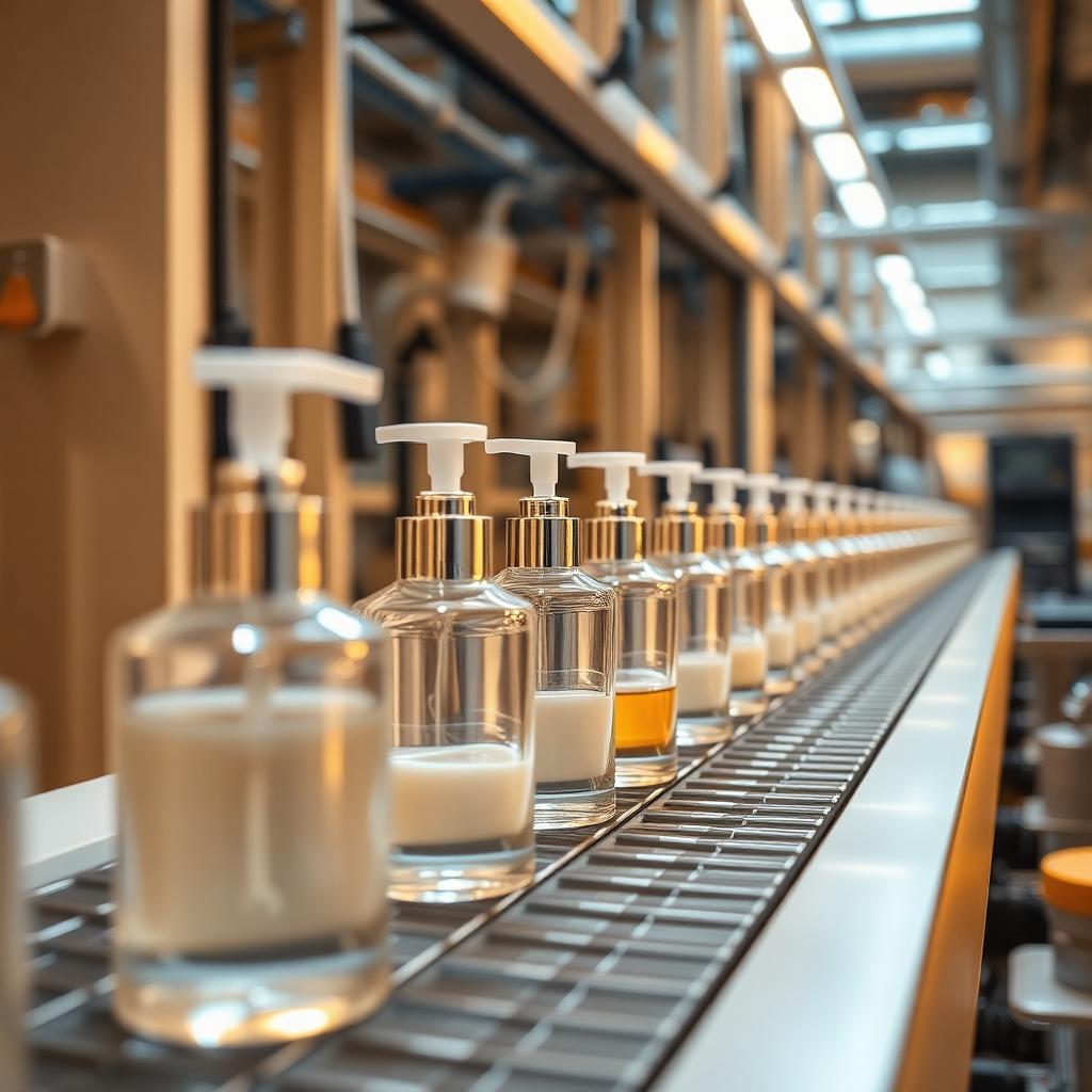 Premium beauty bottles moving along a modern cosmetics production line