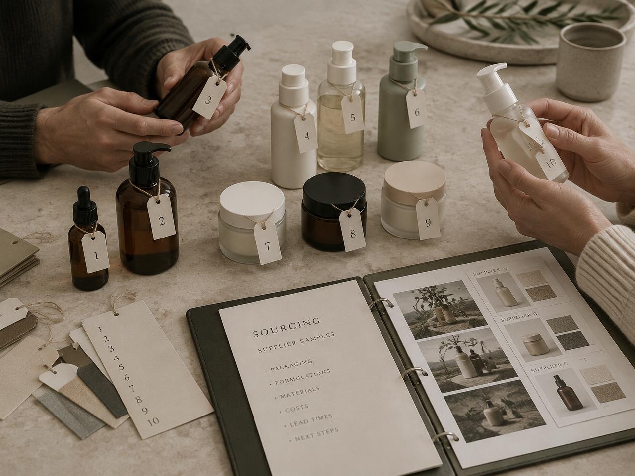 Numbered supplier samples of bottles, pumps and jars being assessed beside a sourcing folder