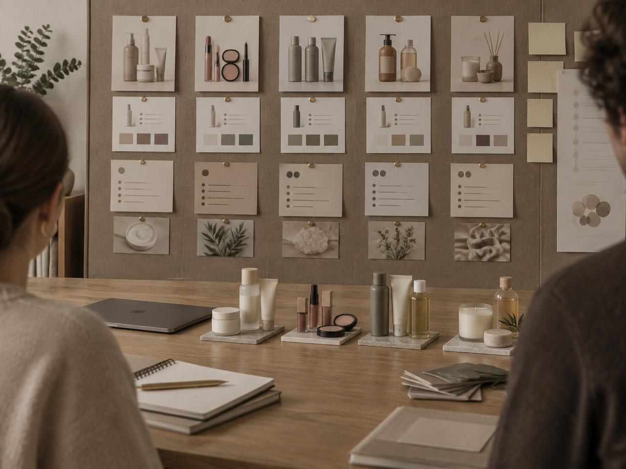 Category planning session with a product assortment board and grouped beauty samples