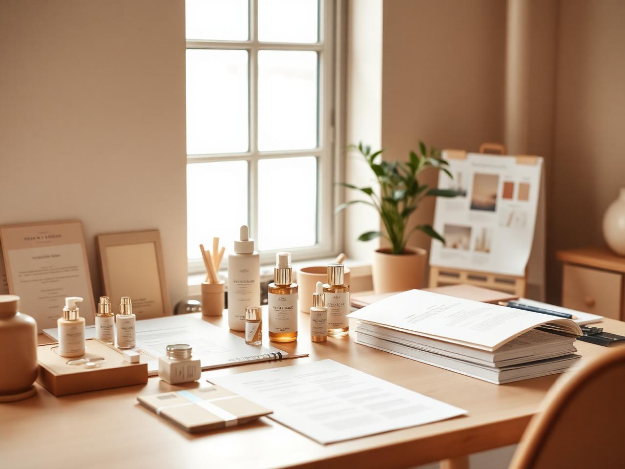 Beauty brand founder's studio desk with product prototypes and packaging materials
