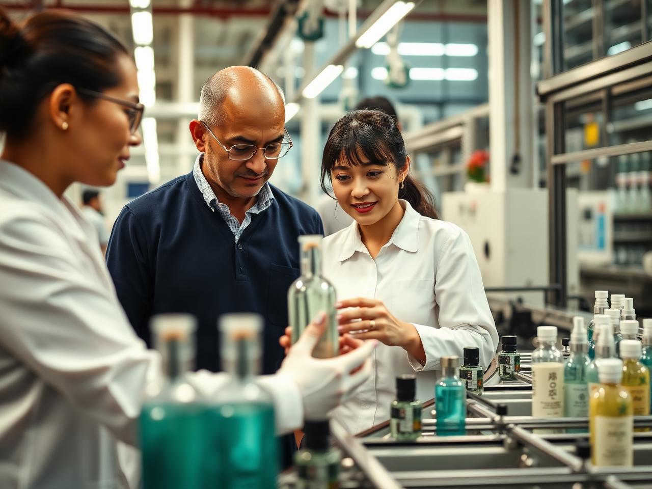 Professionals reviewing a premium bottle sample together on a cosmetics production line
